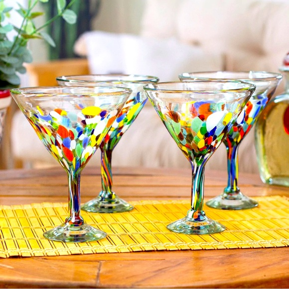 Dining Handblown Extra Large Martini Glasses In Colorful Dot Pattern